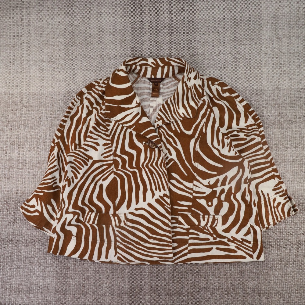 Multiples Zebra Print Jacket Womens XL Brown White Excellent Linen Blend Cropped